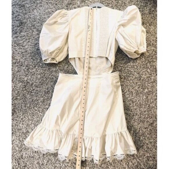 Keepsake Asymmetric Beige Short Puffy Sleeves Open Cut Waist Ruffled Hem Dress 8 - Picture 9 of 9